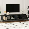 thumbnail image 2 of Paproos TV Stand for TVs Up to 80", Mid Century Modern Entertainment Center with Rattan Doors, 2 Drawers, TV Console Table with Open Shelf, Television Stand for Living Room, Bedroom, Black, 2 of 10