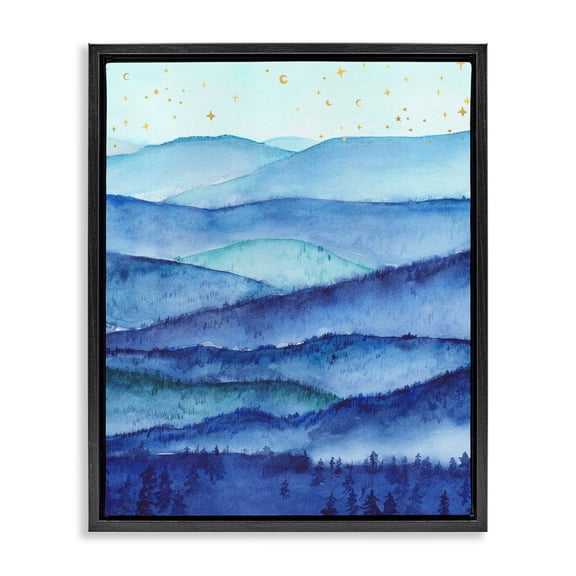 Stupell Industries Blue Mountains Trees Scenery Shining Stars Sky Painting Jet Black Floating Framed Canvas Print Wall Art, Design by Arrolynn Weiderhold