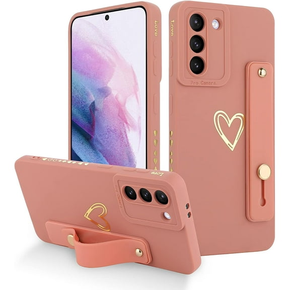 Galaxy S21 5G Case - Pink Love Hearts, Slim Protective Cover, Wrist Strap, Kickstand, Bumper & Camera Protection for 6.2" Samsung
