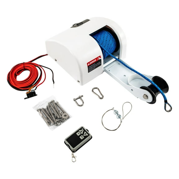 Electric Anchor Winch 12V Maximum Anchor Capacity 25LBS with Remote Control, Salt Water/Freshwater Power Up/Free Fall Down (White)