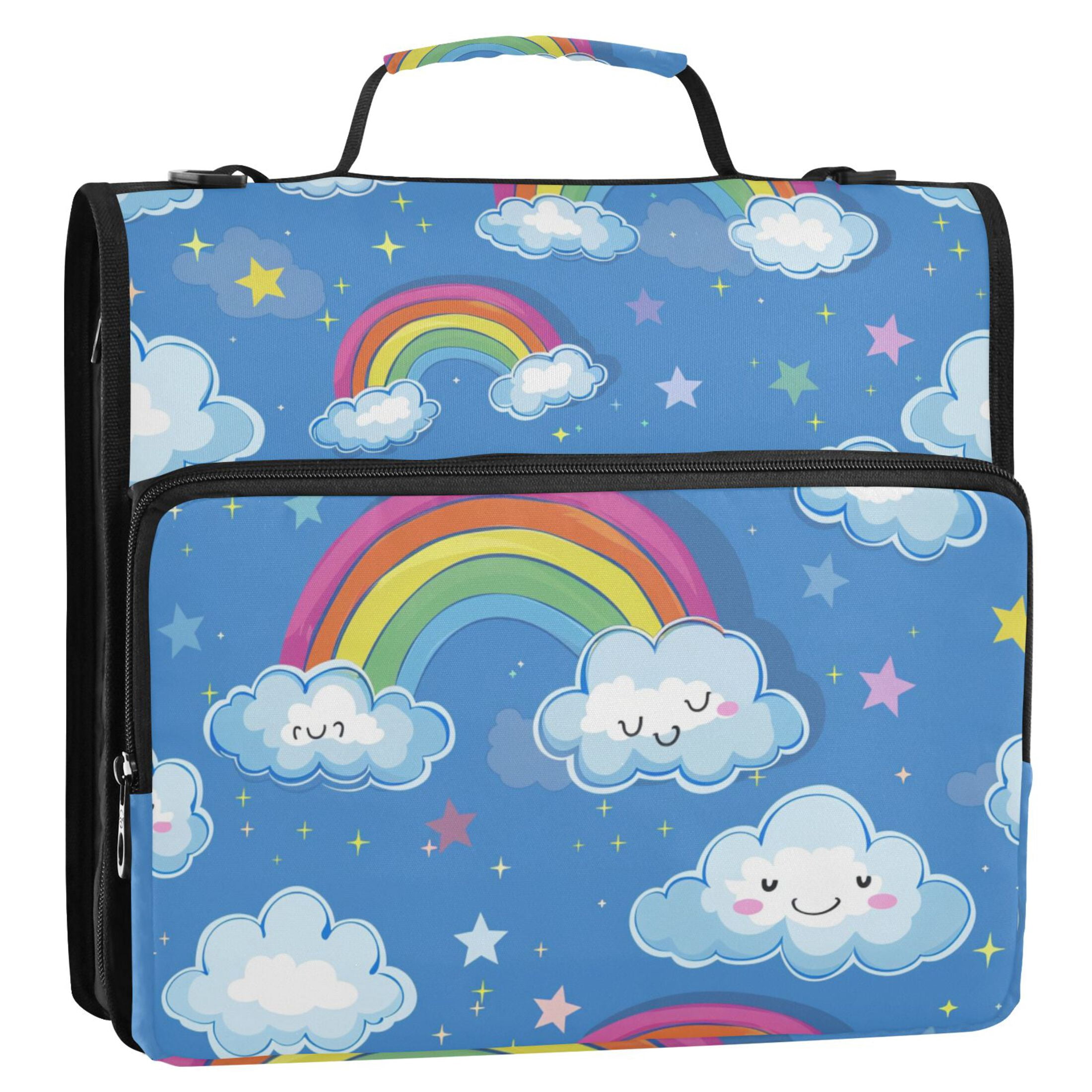 3 Ring Zipper Binder with Shoulder Strap Waterproof Trapper Keeper 2 Inch D-Ring 500 Sheets Capacity Cute Rainbow and Cloud