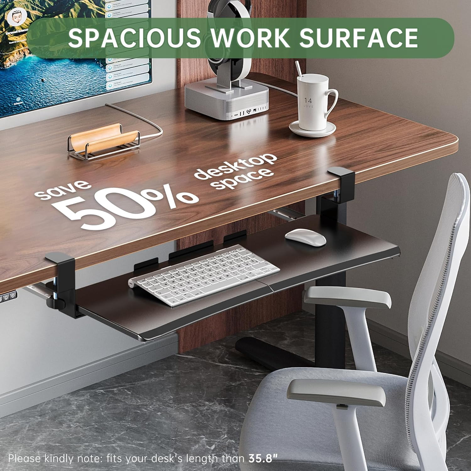 Extra Large Keyboard Tray Under Desk - Slide Out with Sturdy C-Clip Mount System, 31.5" (35.8" Including Clamps) x 11.8" Put-Out Keyboard Tray Computer Drawer for Ergonomic Typing