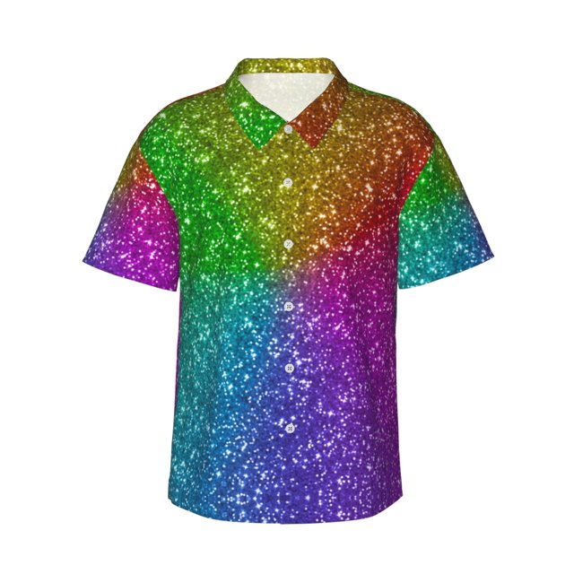 Fotbe Colorful Glitter Camisa Hawaiana para Hombre Unisex – Camisa Casual de Verano con Botones de Manga Corta de Algodón y Lino,Large
