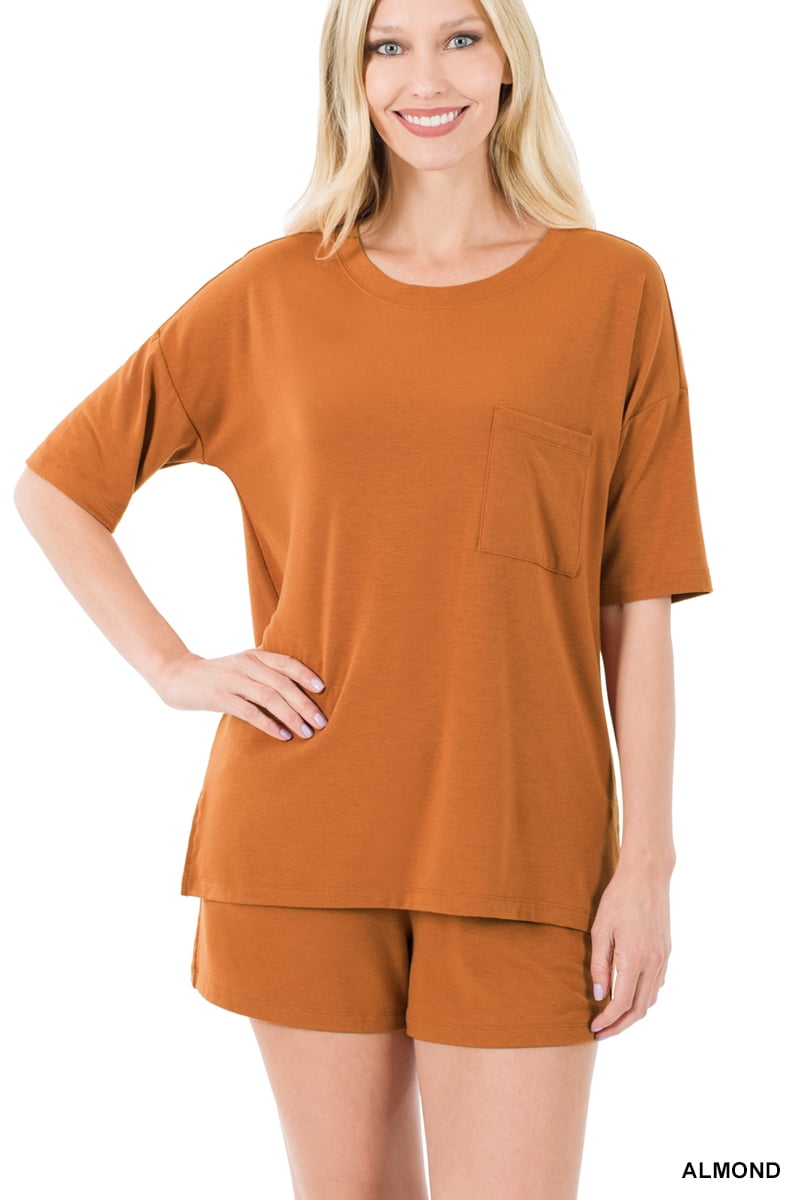Zenana Raised Rib Short Sleeve Tee and Drawstring Shorts Set main image 0