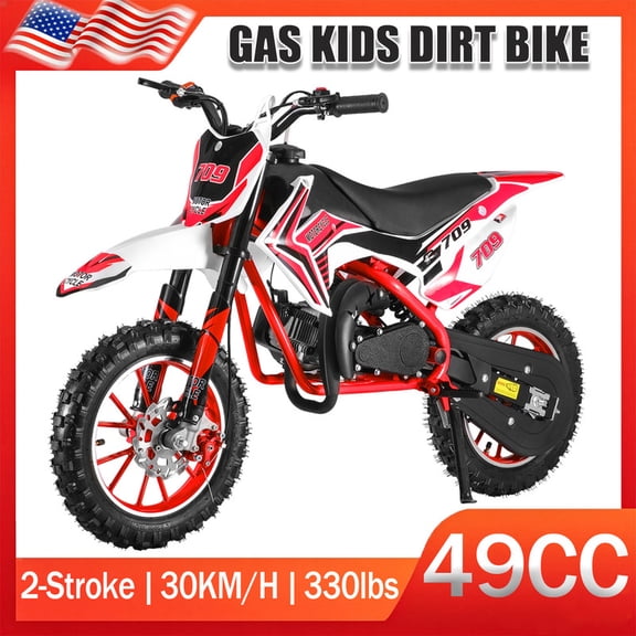49CC Dirt Bike, 2-Stroke Gas Powered Kids Dirt Bike, Gas Power Motocross with Front Rear Disc Brake, Pull Start, Top Speed 30KM/H, Weight Capacity 330Lbs (Red)