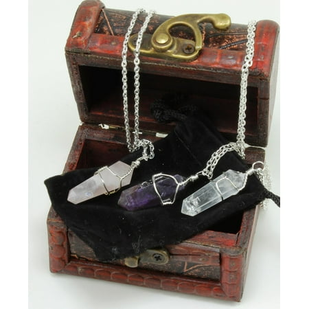Arabesque Clear Crystal Gift - Three Wire Wrapped Crystal Point Pendant Necklaces, Amethyst, Rose Quartz, and Clear Quartz, all in a Velvet Pouch, packaged in Treasure Chest Pirate Box, Valentine's Day gift, Dancing Bear Brand.