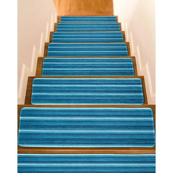Turquoise Teal Ombre Stair Treads for Wooden Steps Indoor Runner Rug Carpet, Farmhouse Modern Abstract Striped 15 Pieces Peel and Stick Staircase Step Treads Covers Washable Throw Door Mats, 30"x8"