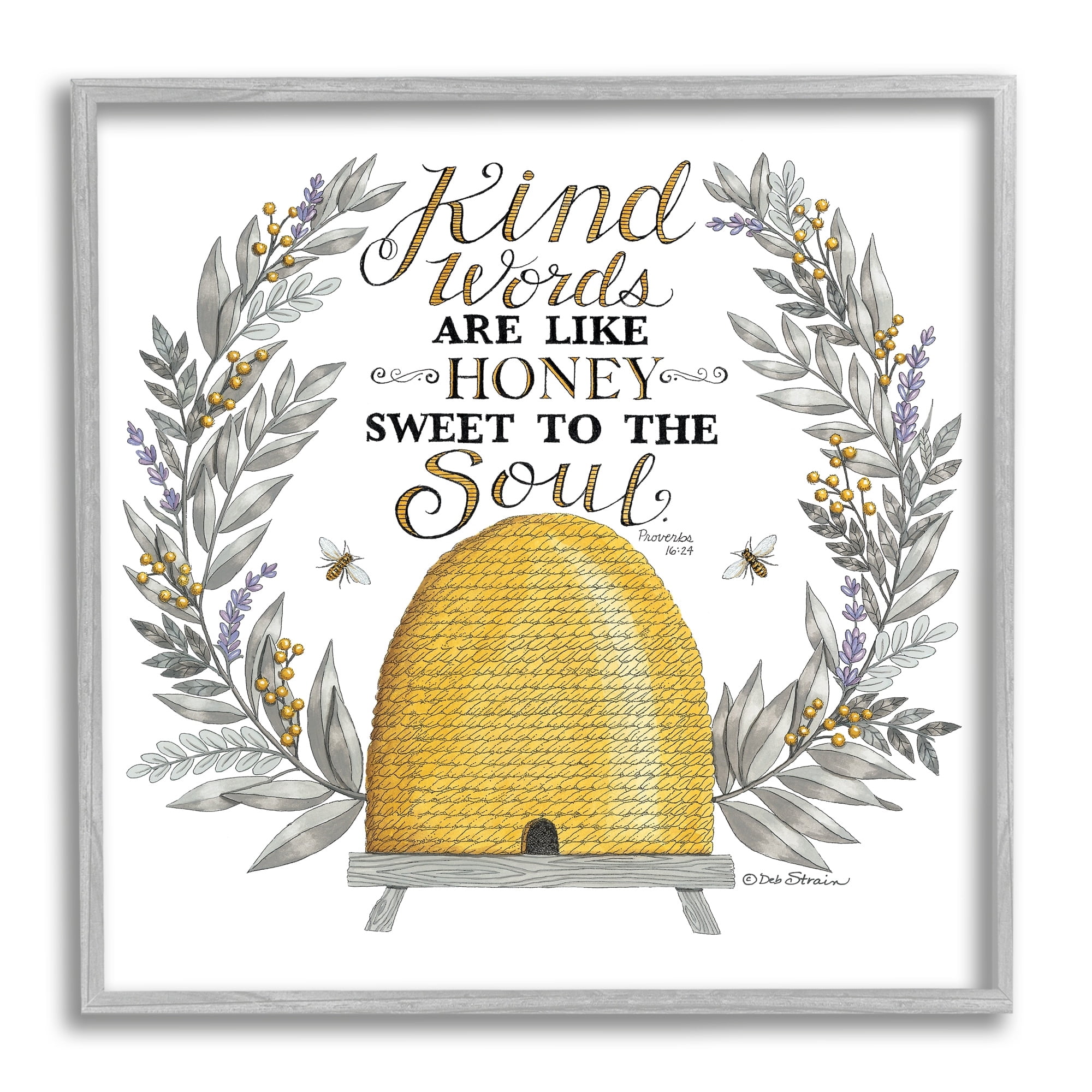 Stupell Industries Kind Words Comforting Bee Hive Phrase Botanical Laurels Graphic Art Gray Framed Art Print Wall Art, Design by Deb Strain