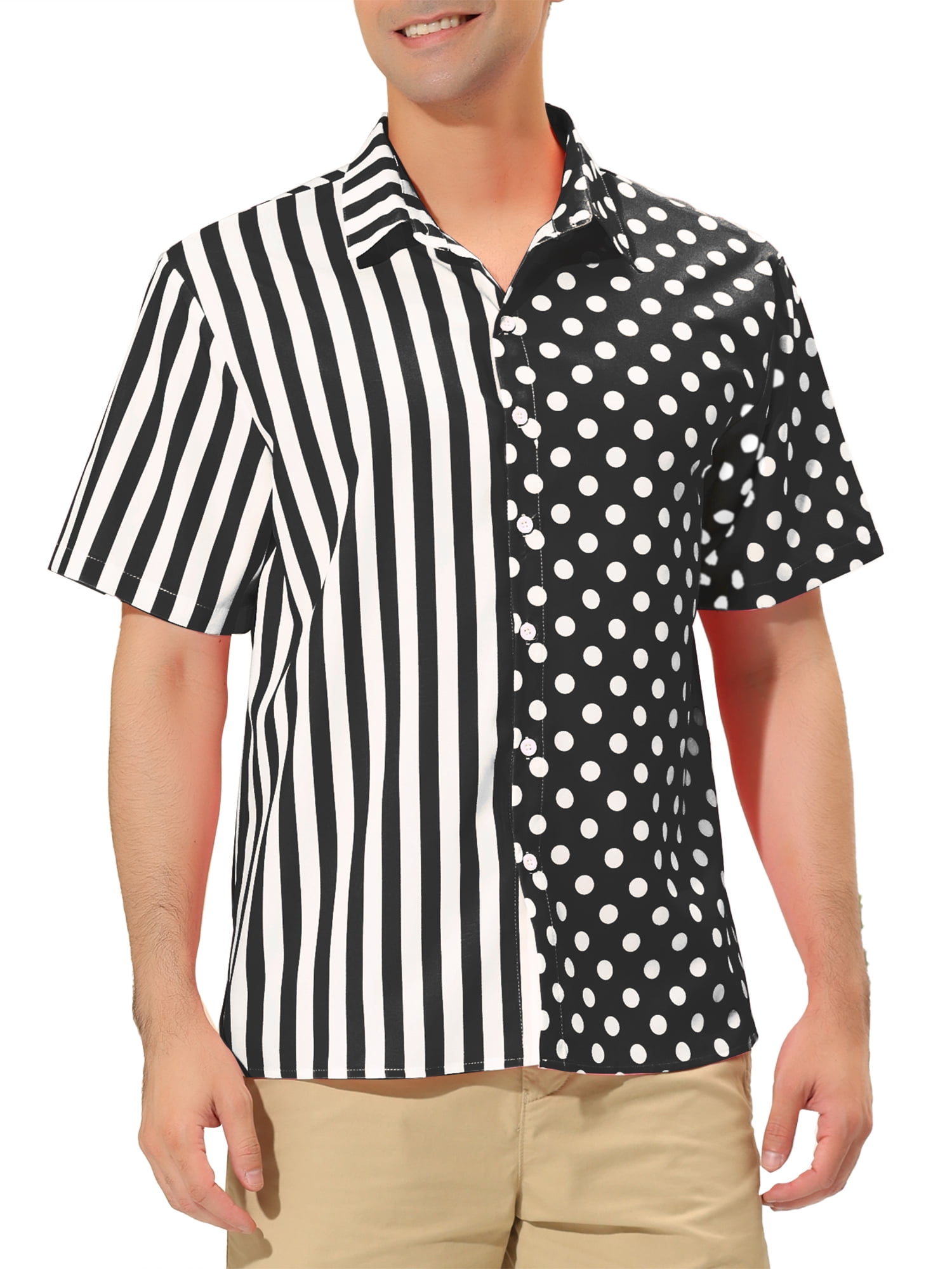 Unique Bargains Men's Summer Stripe Polka Dots Short Sleeves Button Patchwork Shirt XL Black White