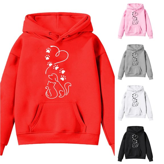 Oiyii Little Girls Cat Dog Paw Line Graphic Hoodie Long Sleeve Printed Casual Hooded Sweatshirt Daily Play Pullover Top,Red