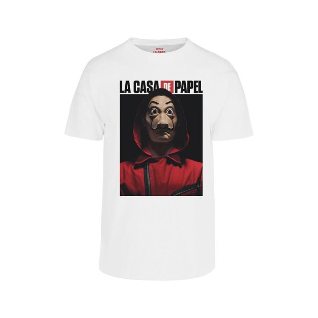 Playera Fan Army La Casa de Papel T EG Color Blanco con diseño frontal que muestra una figura con capucha roja sobre fondo negro y texto 'LA CASA DE PAPEL', fabricada en tela cómoda y oficial de Netflix, ideal para ropa casual y fans de la serie.