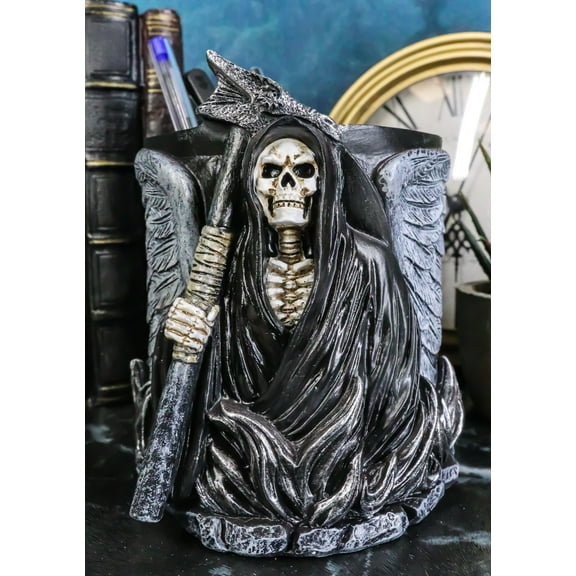 Ange Winged Grim Reaper With Scythe Pen Stationery Make Up Brush Holder Figurine