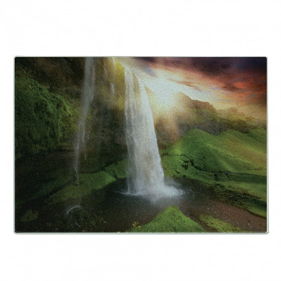 Waterfall Cutting Board, Waterfalls at Sunset Sky in Iceland Scenic Spring Rural Wildlife Art Image, Decorative Tempered Glass Cutting and Serving Board, Small Size, Multicolor, by Ambesonne