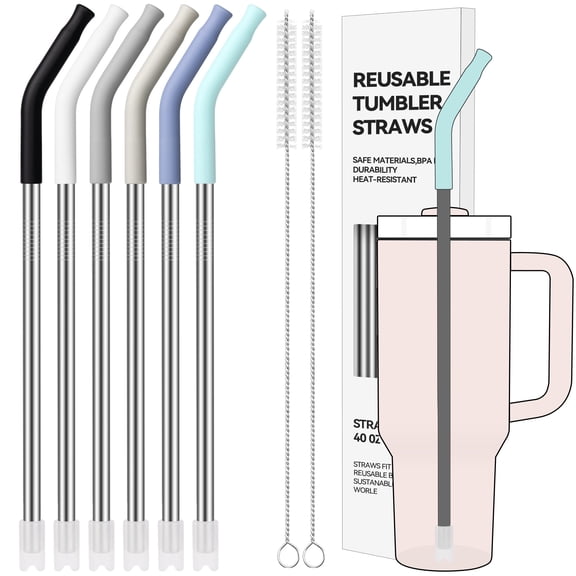 VINUR 6-Pack 12.2 Inch Metal Straws for 40oz Tumblers, Stainless Steel Straw with Colourful Silicone Tips & Base, 0.31" Wide Mouth, Includes 2 Cleaning Brushes