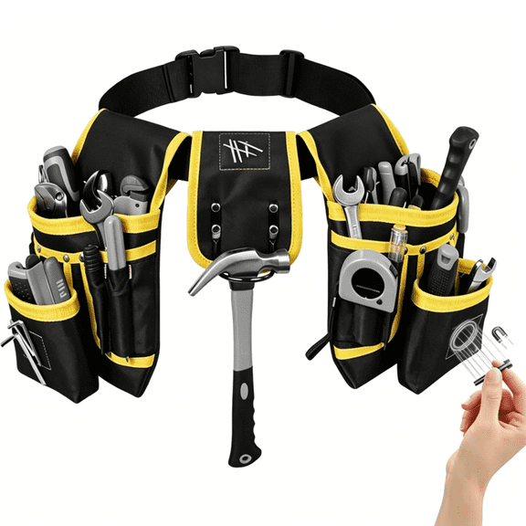 Tool Belt with 26 Pockets and 3 Magnetic Zones, Modular Heavy-Duty Work Pouch for Electricians Carpenters DIYers, Fits 31-48 Inch Waist, Yellow