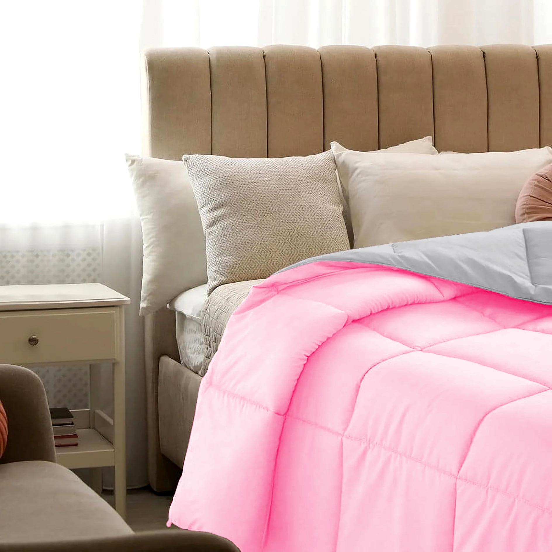 All Season Comforter Twin Size, Duvet Insert, Quilted Comforter with Corner Tabs, Duvet Lightweight Quilt, Down Alternative Hotel Comforter Twin Size 68X90 Baby Pink/Silver Gray