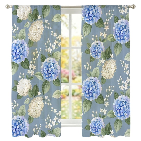Red Blue Hydrangea Sheer Curtains 63 Inch Long 2 Panels Floral Countryside Spring Summer Light Filtering Rod Pocket Curtains, Sheer Voile Drapes for Living Room Bedroom 52"x63"
