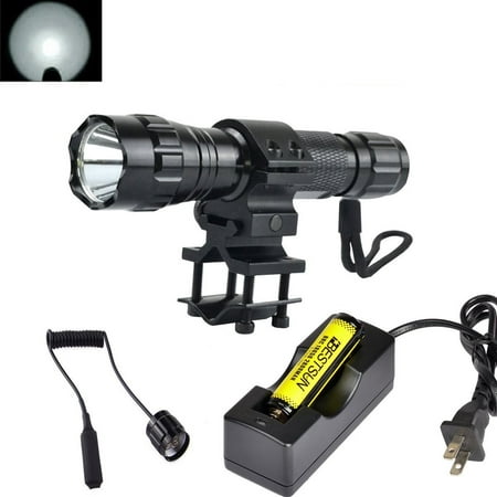 BESTSUN Super Bright Tactical Flashlight WF-501B Cree Xm-L2 LED 1200 Lumens 1 Mode Hunting Light Lamp Torch Set with Pressure Tail Switch, Barrel Mount for AR, 18650 Rechargeable Battery and