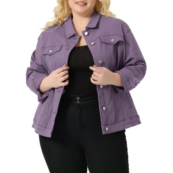 Chaqueta de mezclilla para mujer de tallas grandes Agnes Orinda, con botones y costuras, para el Día de San Patricio, 4X, color púrpura