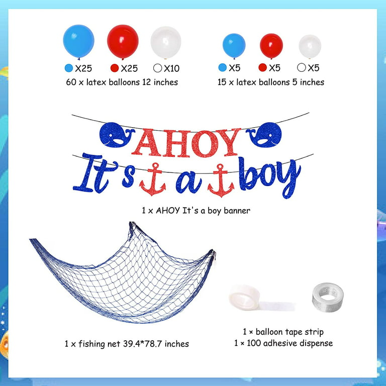 Nautical Baby Shower Decorations for Boy, Ahoy It's A Boy Banner Balloon  Garland Arch Kit with Navy Blue Fishing Net for Nautical Themed Baby Shower  Party Supplies, Fisherman Birthday Party 