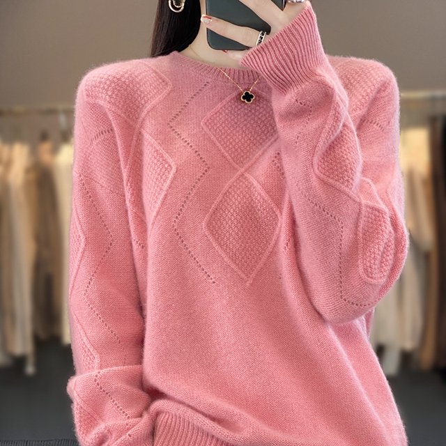 Suéter de mujer de estilo occidental que combina con todo de otoño, suéter de color sólido con cuello redondo y huecos de diamantes