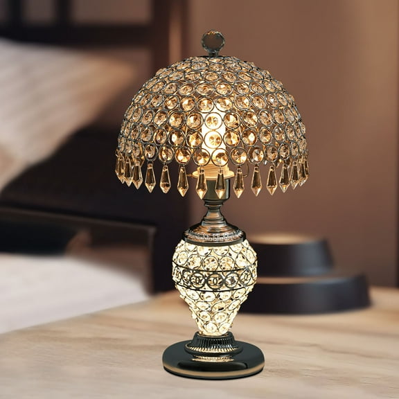 Silver Crystal Table Lamp Vintage Bedroom Nightstand Lamp Deluxe Bedside Lamp for Studies, Living Rooms