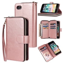 Feishell for iPhone 7 / 8 / SE 2020 / SE 2022 Wallet Case for Women Men,Premium PU Leather Magnetic Clasp Zipper 9 Card Slots Folio Flip Holder Shockproof Purse Phone Case with Wrist Strap,Rosegold