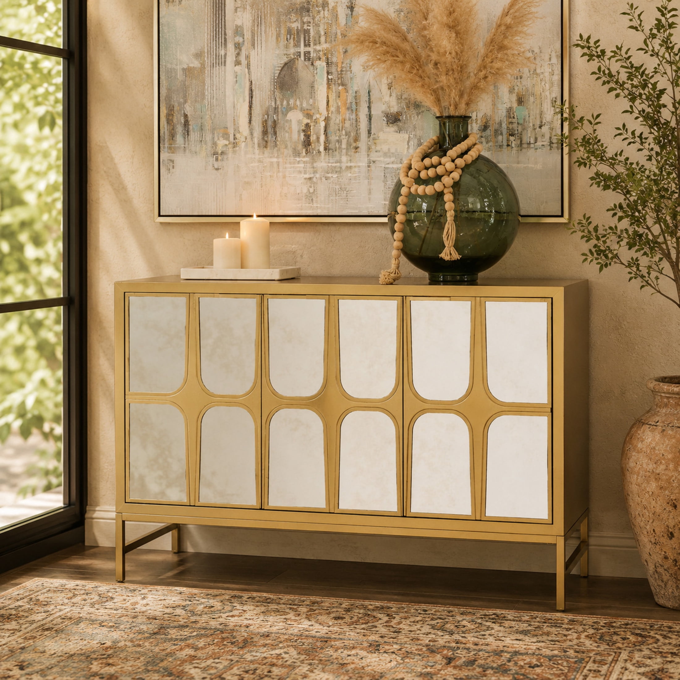 DecMode 48" x 32" Gold Wooden 3 Door Cabinet with Mirrored Front, 1-Piece