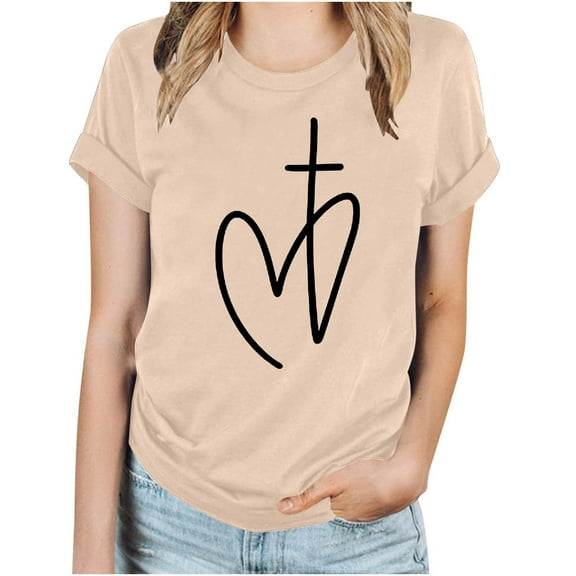 WREESH Women's Trendy Short Sleeve T-Shirt Summer Round Neck Graphic Print Tops Beige