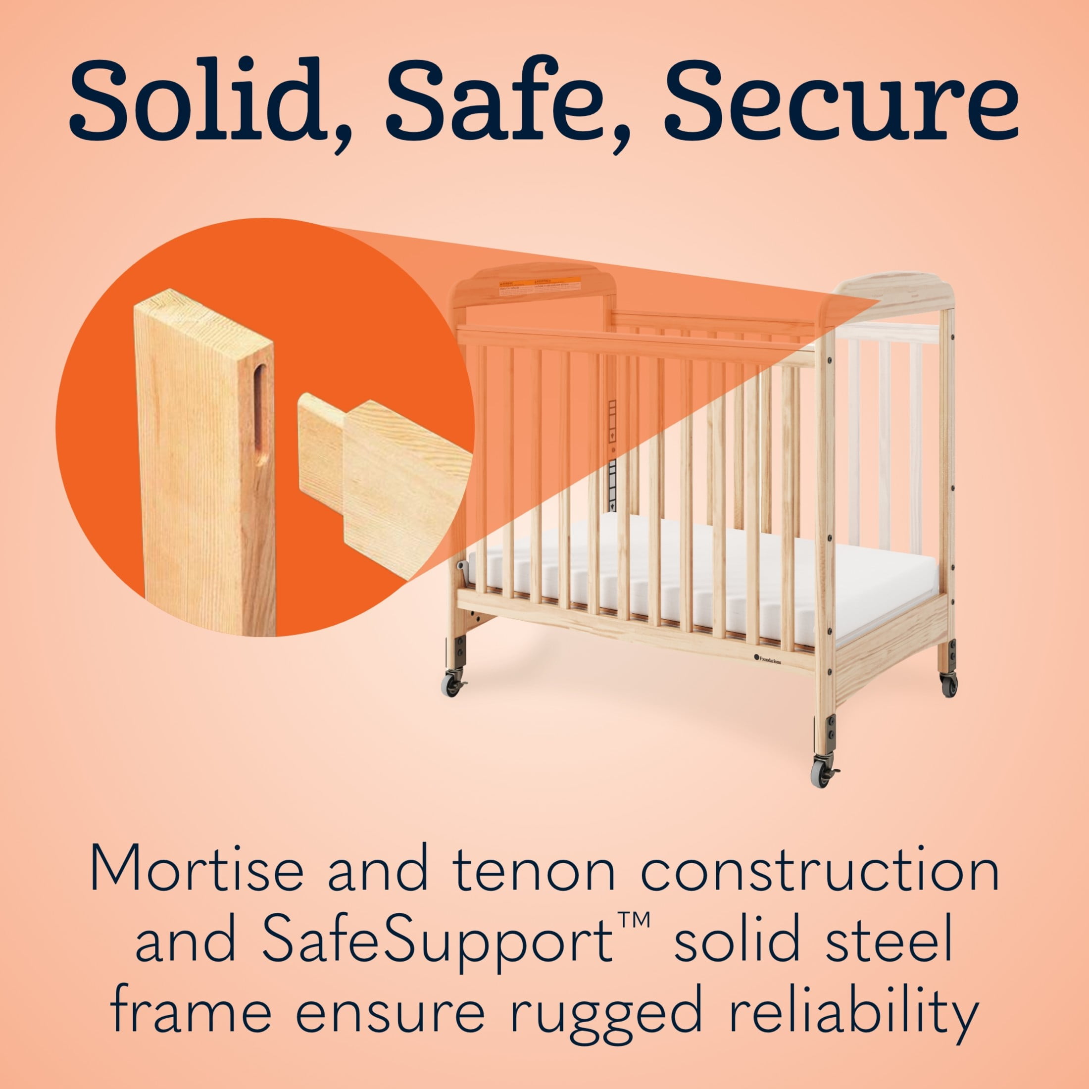 Foundations Serenity Compact Clearview Crib with 3" Foam Mattress, Locking Casters, Adjustable Height