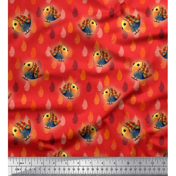 Soimoi Polyester Crepe Fabric Feather & Bird Cartoon Fabric Prints by Yard 42 Inch Wide