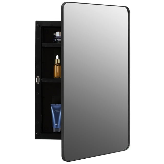 Basicwise Plastic Medicine Cabinet with Beveled Edge Mirror Door and Round Corner Metal Frame, Surface or Recessed Mount Options, Bathroom Wall Mounted Vanity Cabinet with 2 Adjustable Shelves, Black