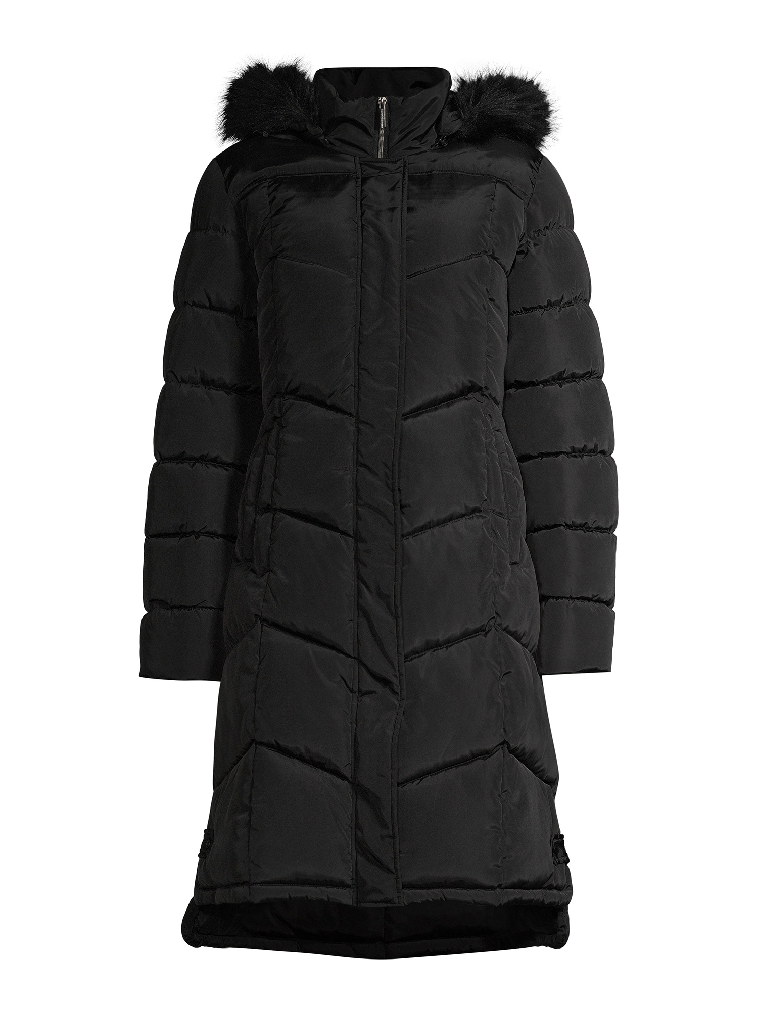 Big Chill Women's Maxi Chevron Puffer Coat with Fur Trim Hood - Walmart.com