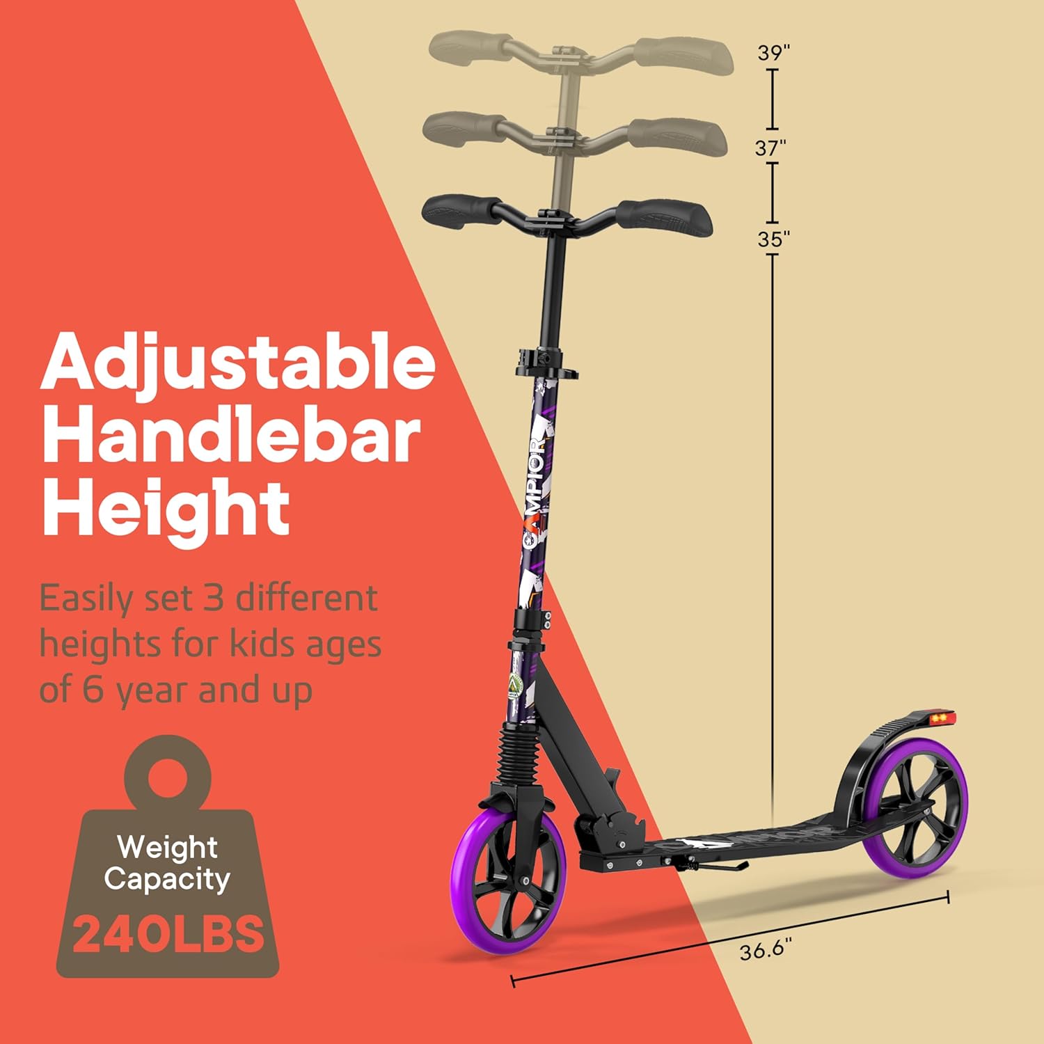 Campior Kick Scooter for Ages 6+, Kids, Teens & Adults, Foldable with Kickstand, 8-Inch Big Wheels, Max Load 240 lbs, 3-Level Adjustable Handlebar, Purple
