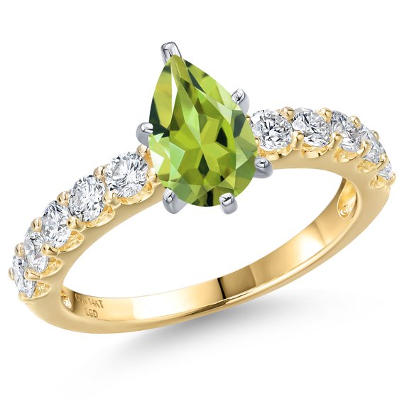Gem Stone King 14K Two Tone Gold Green Peridot and Lab Grown Diamond Engagement Ring for Women | 1.95 Cttw | Pear Shape 9X6MM | Gemstone August Birthstone | Size 7