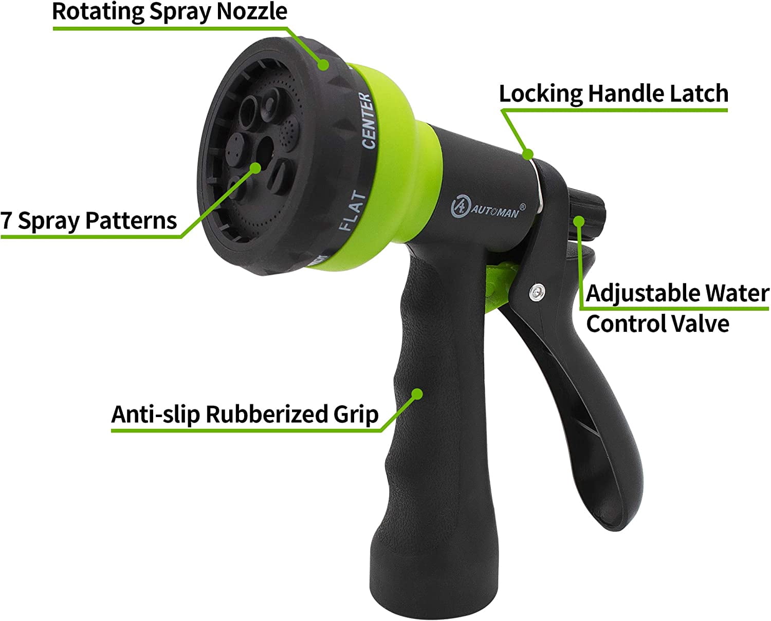 AUTOMAN EVA Recoil Garden Hose 25ft - Includes 7 Pattern Spray Nozzle, Corrosion Resistant Garden Coil Hose. Green