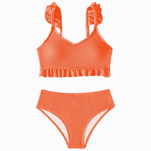 Myshe Girl's Two Piece Metallic Shell Bikini Sets Cut Out Ruffle Top High Waist Hipster Swimsuit Orange,5-6 Years