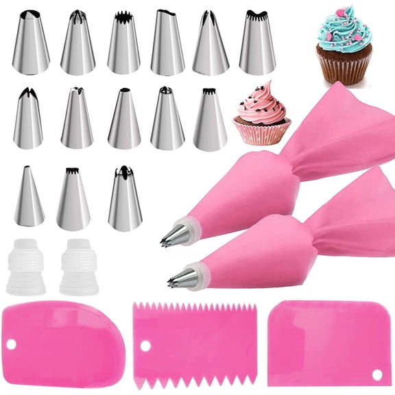 22pcs Piping Bags and Tips set,2 Reusable Silicone Pastry Bag with 14 Stainless Steel Nozzle Icing Tips Set, 3 Icing Smoother & 2 Couplers &1Sealing clip for Baking Decorating Cake Tool (Pink)