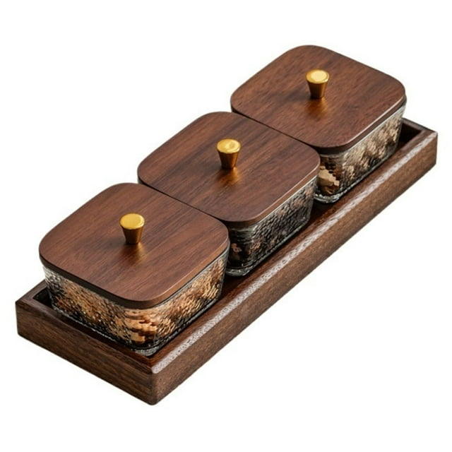 Glass Snackle Box Container Snack Organizer with Walnut Wooden Lids and Tray Divided Serving Tray for Nuts Candy