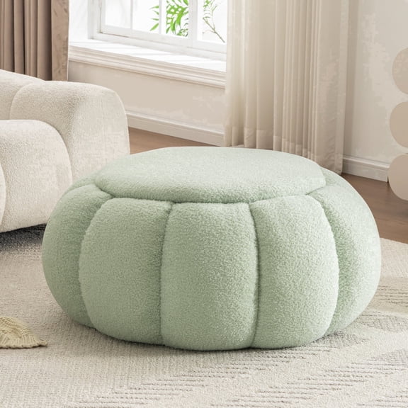 Hobooment 34" Oversized Round Teddy Ottoman Plush Upholstered Cocktail Ottoman Foot Rest Combo Soft Faux Fur Round Ottoman for Living Room Bedroom, Green