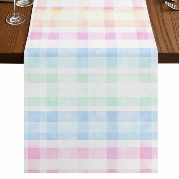 Blue Pink Plaid Short Table Runner 36 Inches Long,Pastel Green White Buffalo Patchwork Cotton Linen Table Runners Dresser Scarves,Tabletop Scarf Furniture Cover for Home Dinner Party Decor 13"x36"