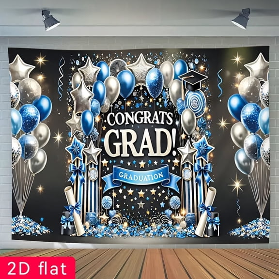 Congrats Grad Backdrop Blue Silver Balloons Congratulations Graduation Background Glitter Stars Class of 2026 Graduate Prom Party Decorations Banner Supplies Photo Booth Props