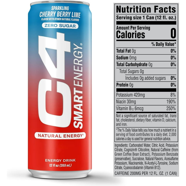 C4 Smart Energy Drink, Cherry Berry Lime, Zero Sugar, Carbonated