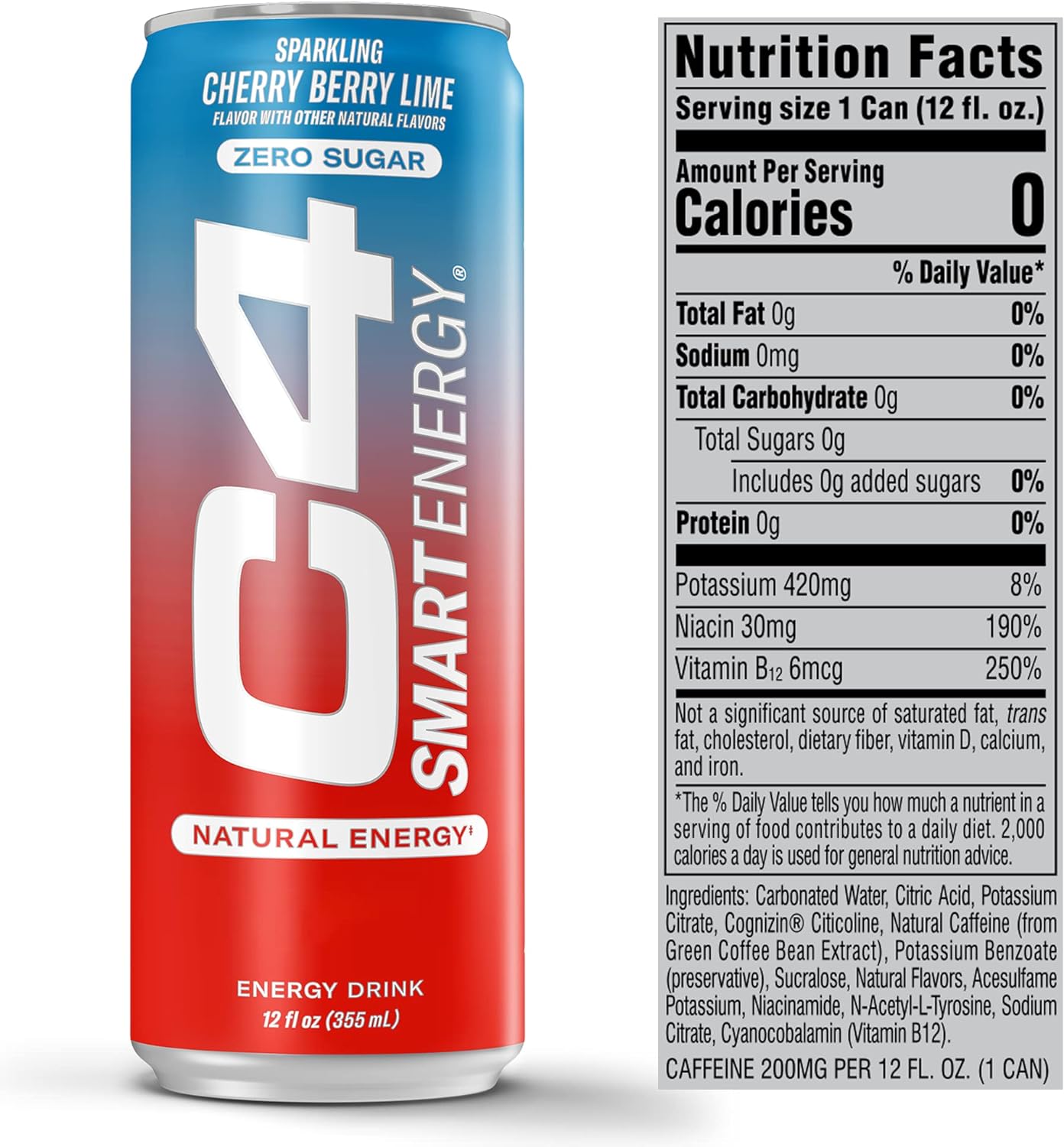 C4 ENERGY C4 SMART ENERGY DRINK, CHERRY BERRY LIME FLAVOR, ZERO SUGAR, CARBONATED, 12 OZ CAN (12 PACK)