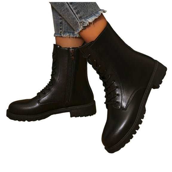 Womens Mid Calf Boots Vintage Leather Lug Sole Low Heel Combat Boots Zipper Lace up Winter Booties
