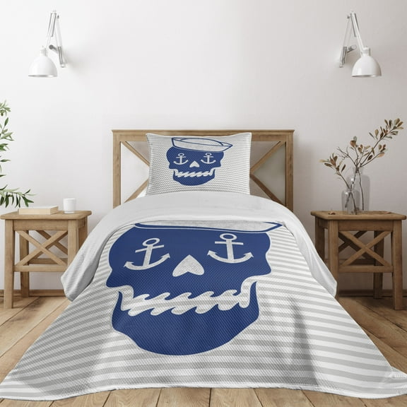 Ambesonne Skull Quilted Coverlet 2 Pcs, Anchor and Captains Hat, Twin Size, Persian Blue Grey