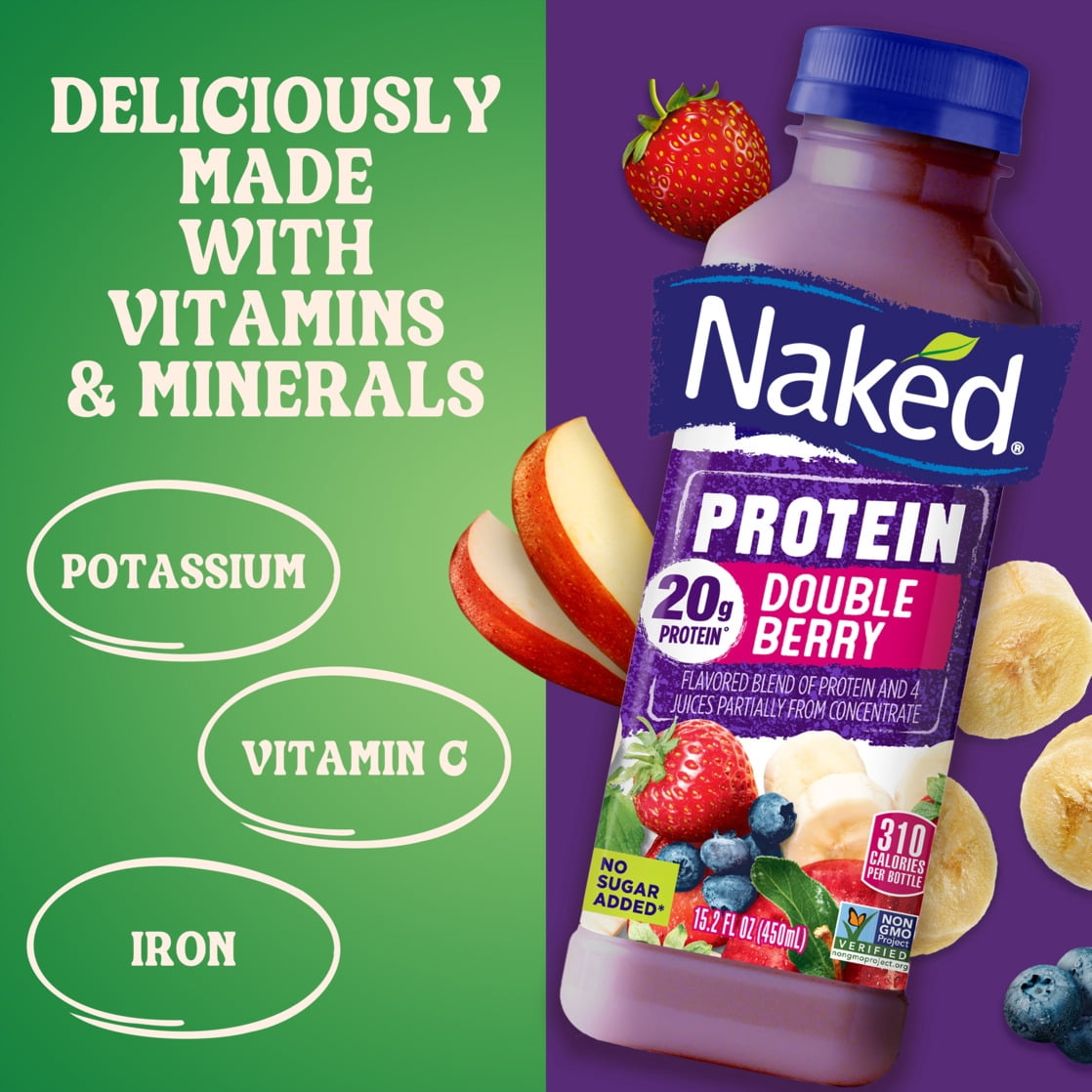 (2 pack) Naked Juice Protein Double Berry Fruit Flavored Juice Smoothie Blend, 15.2 fl oz