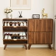 thumbnail image 3 of RARZOE Set of 2 Fluted Shoe Storage Cabinets for Entryway, Narrow Curved Shoe Cabinet with 2 Flip Drawers, Freestanding Wood Hidden Shoe Organizer Closed Shoe Rack Cabinet for Foyer,Hallway (Walnut), 3 of 18