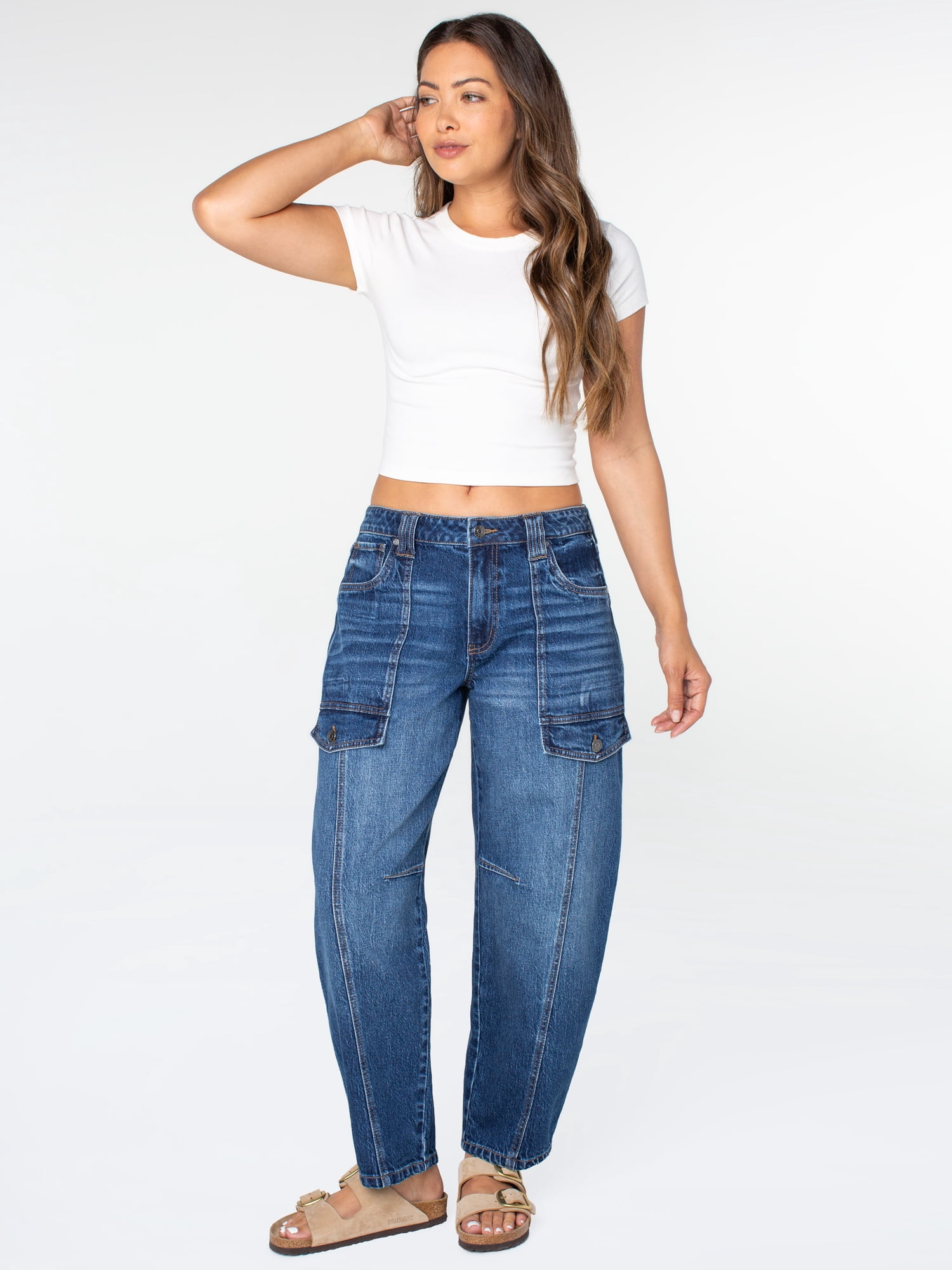 Celebrity Pink Women's Mid Rise Utility Barrel Jeans, Sizes 1-21