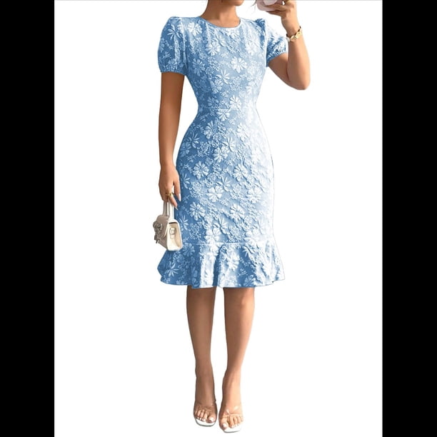 Vestido Midi de Jacquard con Mangas Abullonadas y Cuello Redondo, Estampado Floral, Ajustado, con Volantes, Estilo Sirena, para Cóctel. Azul M